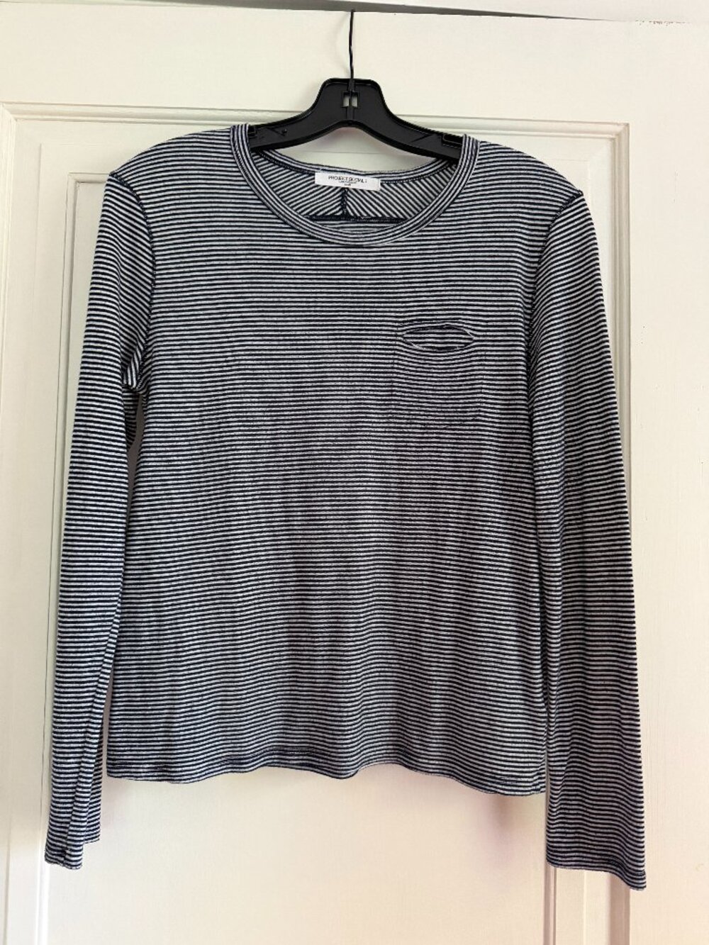 Project Social T Navy White Striped Long Sleeve Pocket Tee